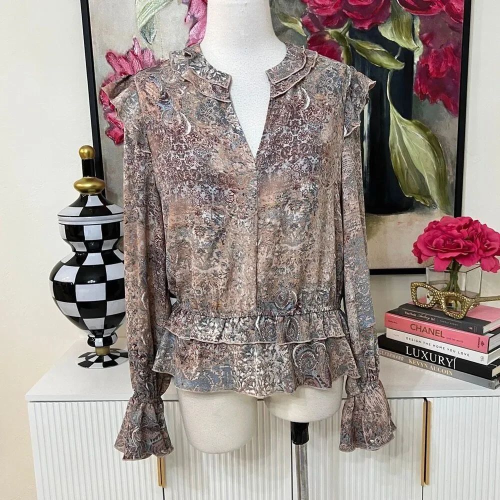 FRYE Women's Floral Paisley V-Neck Ruffled Long Sleeve Blouse Multicolor Large